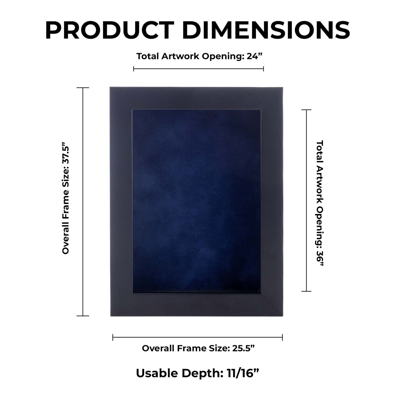 Classic Black Wood Shadown Box Frame with Acrylic Front - Navy Blue Suede Backing, 30 Sizes